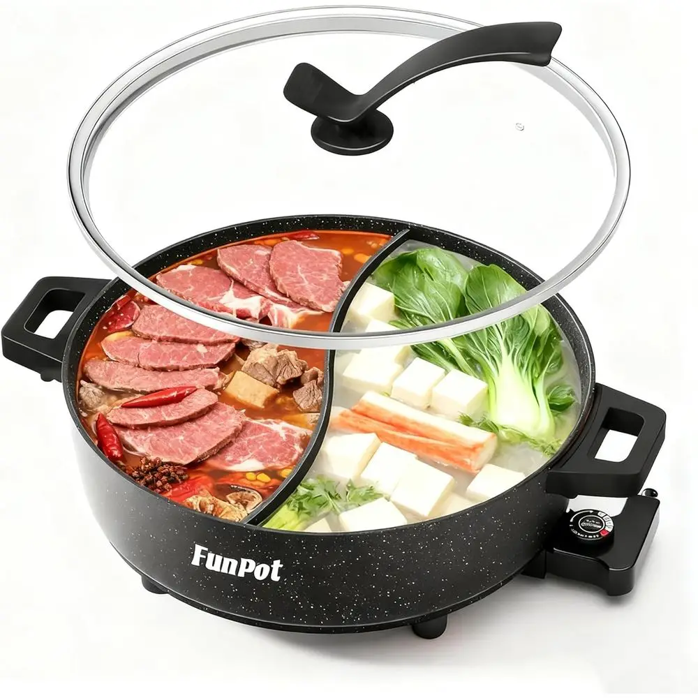 

6L Electric Hot Pot with S-Shape Dual-Divider, Smart Temperature Control, 5 Heat Settings, 1350W ast Boiling, Diamond Nonstick P