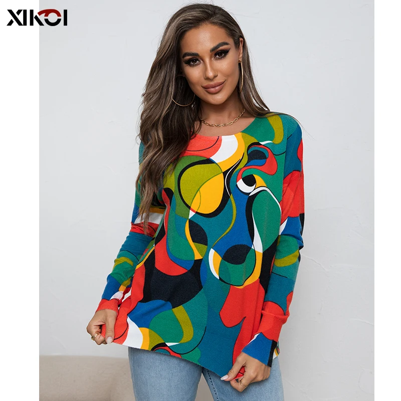 XIKOI Long Sleeve Women Casual Sweaters Pullover Loose Artsy Graphic Oversized Sweater Winter Clothes For Women Fashion 2022