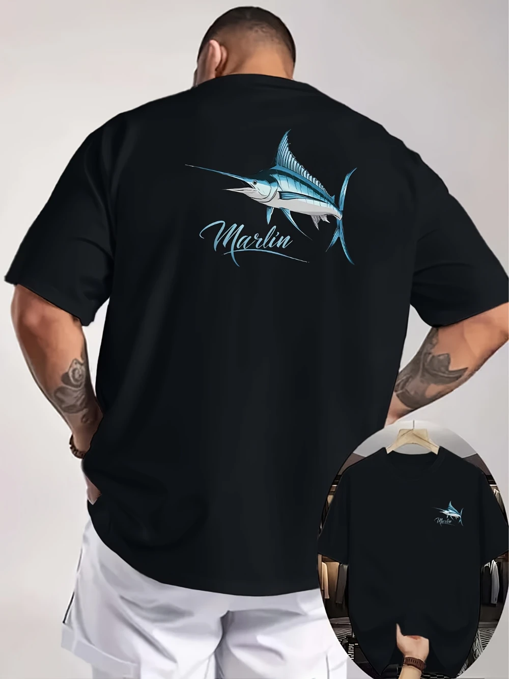 Marlin Gradient Pattern Double-Sided Print Men's T-Shirt Deep Sea Fishing Style Versatile Top Men's T-shirts for Summer