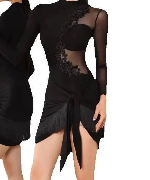 Sexy Latin Dance Dress Set for Women Long Sleeved Mesh Leopard Female Tassel Skirt Cha Cha Rumba Salsa Stage Performance Costume