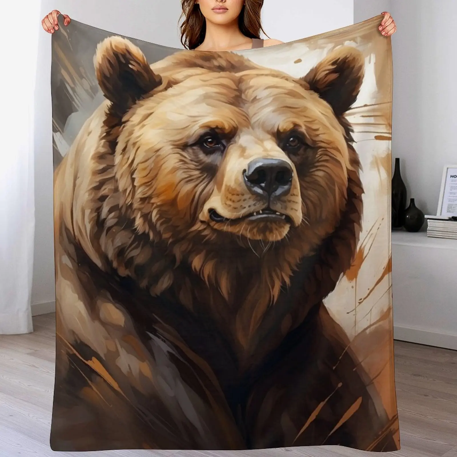 

Watercolor Brown Bear Face Throw Blanket Soft Sherpa Fleece Warm Blanket for Winter