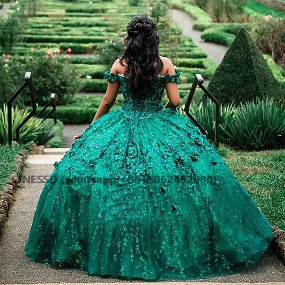 Hunter Green Handmade Flowers Ball Gown Quinceanera Dresses Off The Shoulder Floral Appliques Vestido De 15 Anos Sweet 16