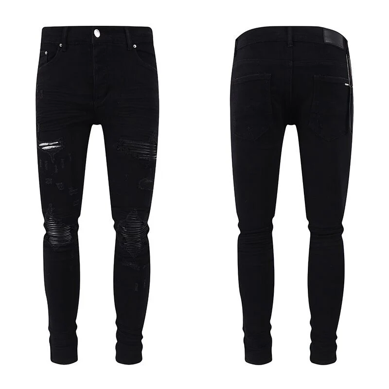 Men's Y2K Black Leather Jeans Slim Fit Pleated Elastic Waist Street Hip-Hop Brand Pants Washed Water Resistant Fashion