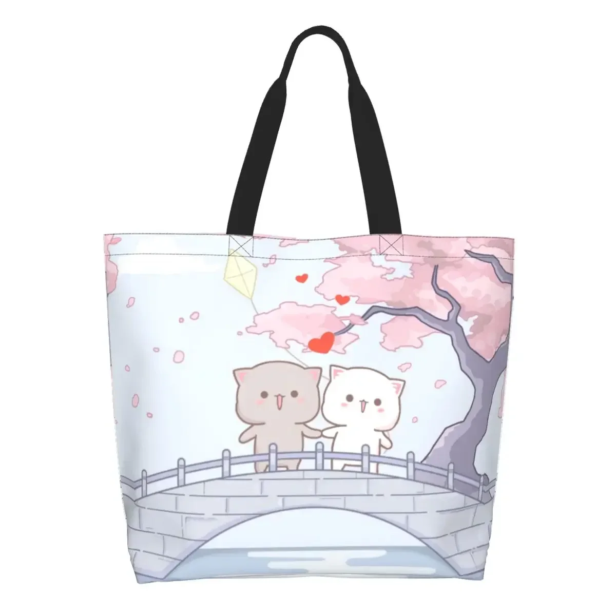 Fashion Printed Romantic Peach And Goma Mochi Cat Shopping Tote Bag Durable Canvas Shoulder Shopper Handbag