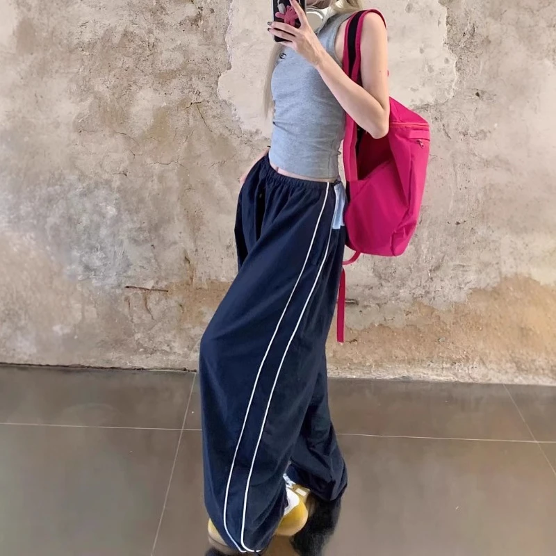 2026 Spring Summer Wide-leg Quick-drying Hiphop Sweatpants Women's High Waist Thin Contrasting Color Sports Casual Long Trousers