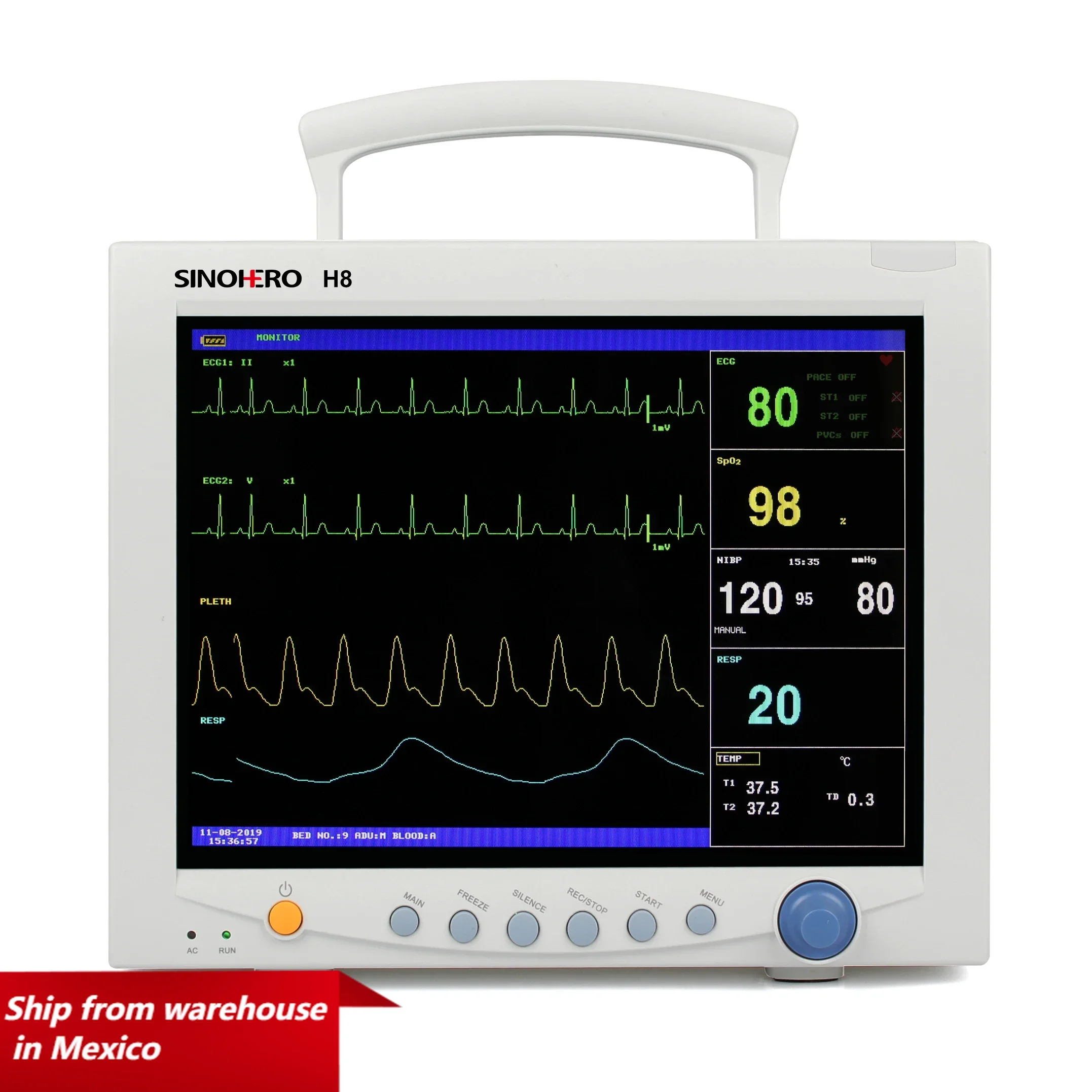 SINOHERO H8 Multi-Parameter Patient Vital Sign Monitor for Human 12.1'' Color LCD Display ECG RESP NIBP SpO2 TEMP Machine