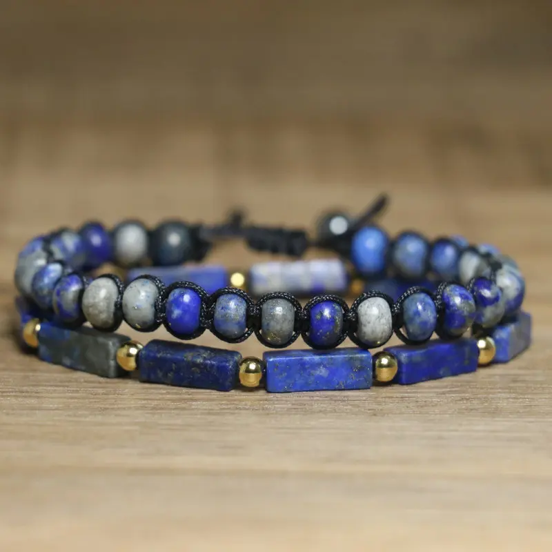 Lapis Lazuli Bracelet  | Round & Rectangular Natural Stone Beads | Hand-Knotted with Black Cord  | Boho Minimalist Accessory