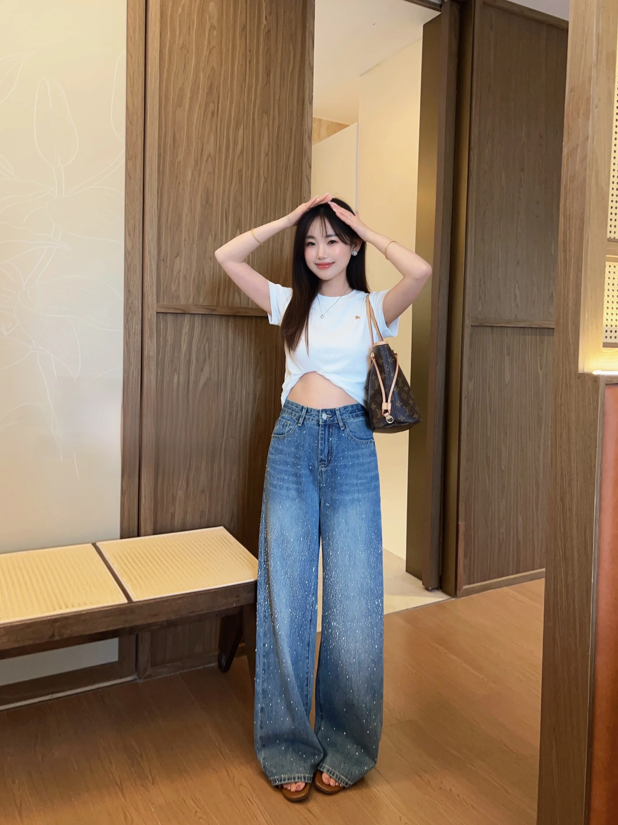 

High Waist Slimming Wide Leg Denim Jeans Rhinestone Embellished Retro Style Spring Summer New Arrival Women's Fashion