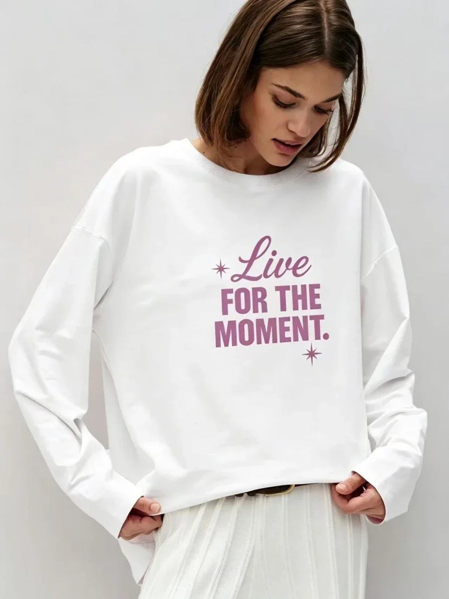 Womens 100% Cotton Long Sleeve  Minimalist Pink Slogan Star Graphic T Shirt Loose Oversized Fit Autumn Casual Daily Wear Top