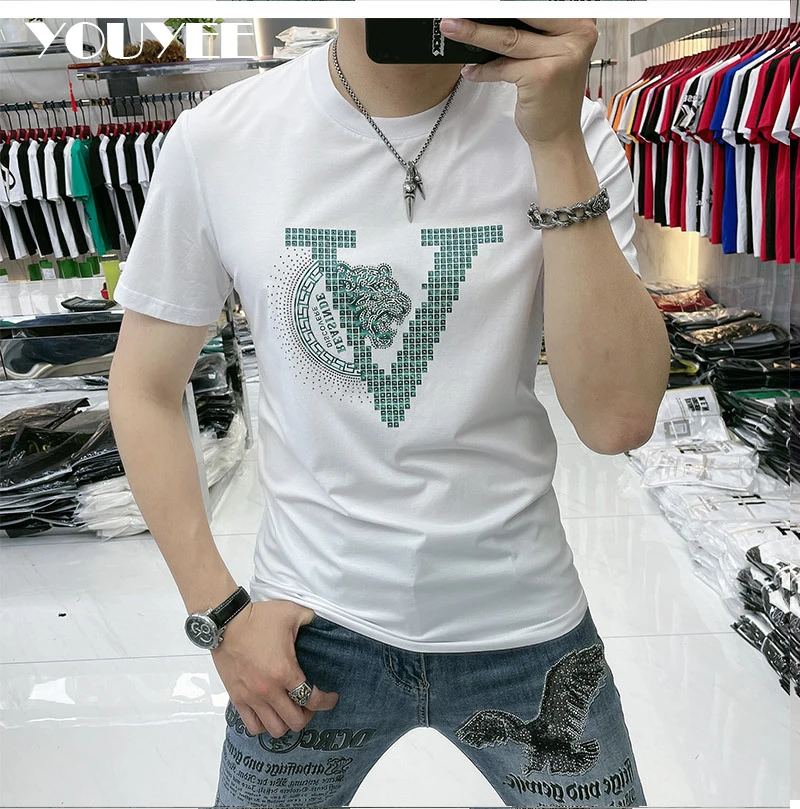 T-shirt Men\'s Slim Fit Tiger Print Hot Diamond Summer New Trend Cotton Casual O-neck High-quality Tees Date Male Clothing M-6XL