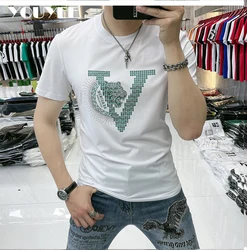 T-shirt Men's Slim Fit Tiger Print Hot Diamond Summer New Trend Cotton Casual O-neck High-quality Tees Date Male Clothing M-6XL