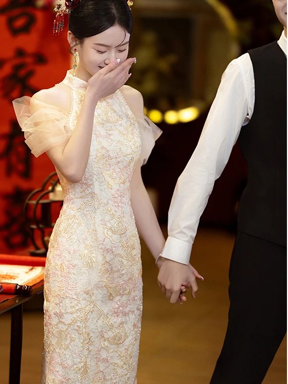 

Новое китайское свадебное платье цвета шампань с воротником-халтером, повседневное, для женщин больших размеров