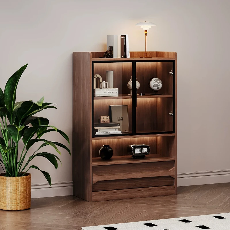 LMM solid wood glass door bookcase simple living room integrated small apartment floor locker