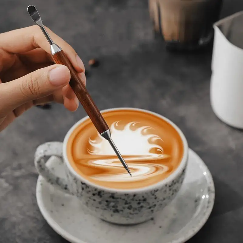 Coffee Latte Needle Stainless Steel Carved Needle Solid Wood Carved Stick Latte Fancy Coffee Drawing Pen Barista Tool