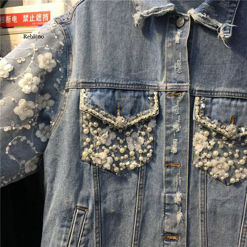 2022 primavera novo luxo beading malha retalhos 3d flor decoração bordado solto denim jaqueta moda feminina curto jaquetas