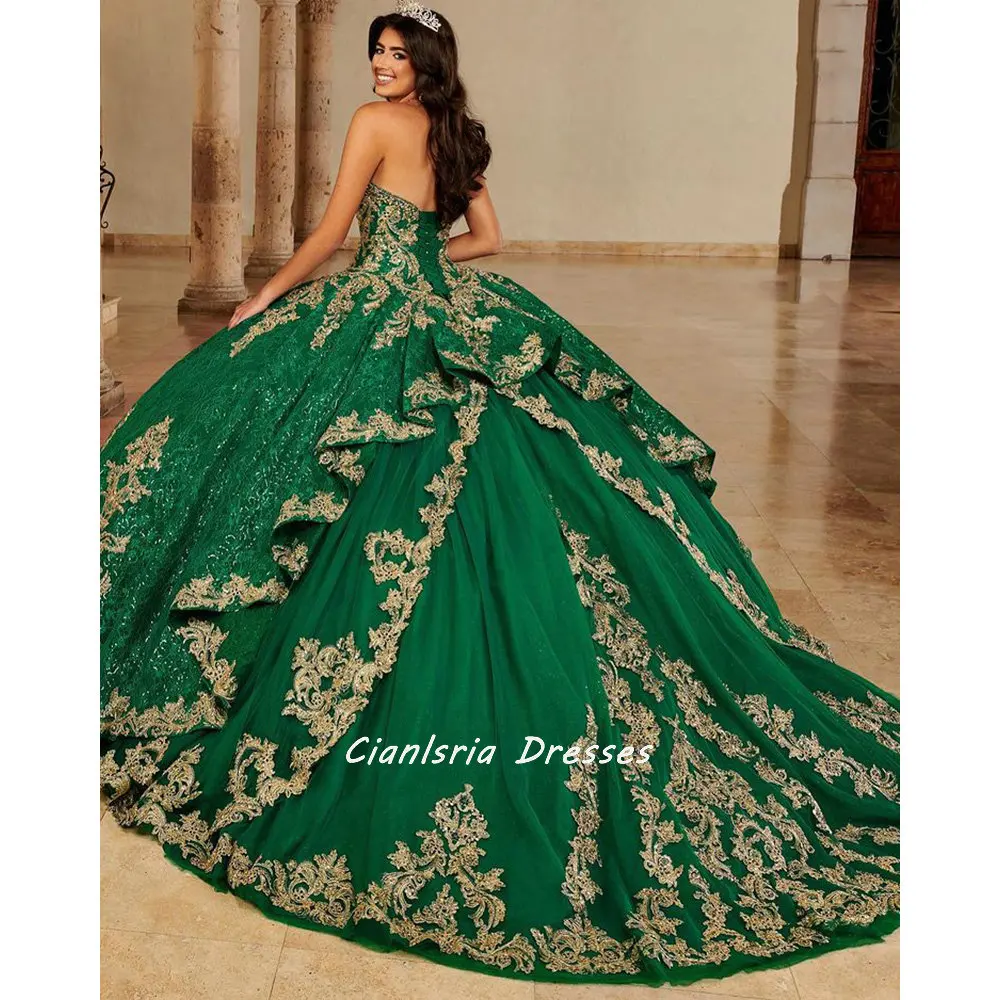 Green Detachable Long Sleeve Ball Gown Quinceanera Dress With Gold Appliques Ruffles Vestido De 15 Anos Sweet 16 Prom Party Gown