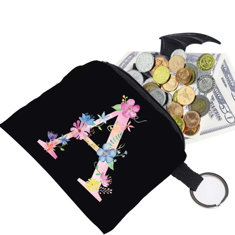 Women\'s Wallet Coin Purse Small Object Bag Key Ring Buckle Organizers Bags Black Canvas Pink Letter Pattern Print Series