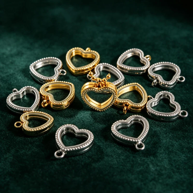 2/pcs Rhinestone Border Stainless Steel Heart Glass Locket Pendant Openable Free Memory Floating Charm DIY Jewelry Base Trays
