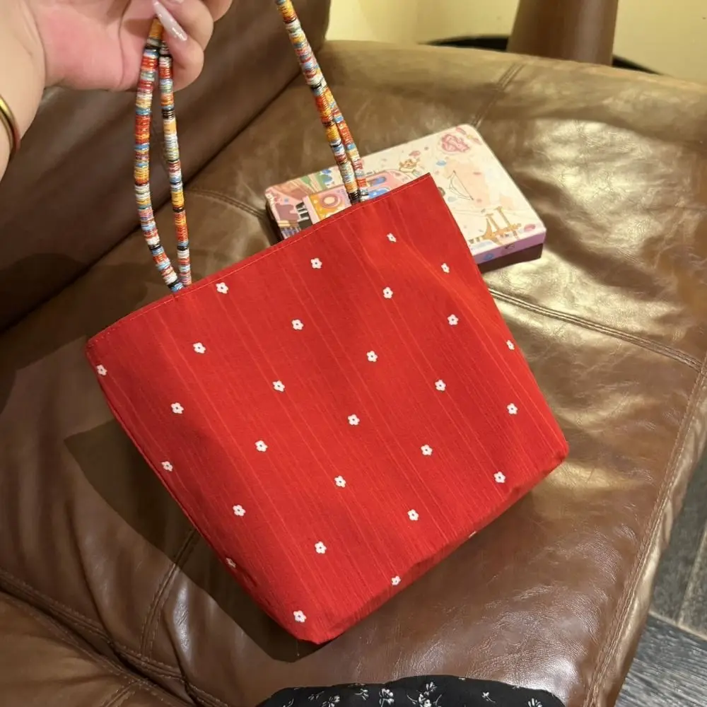 New Polyester Floral Tote Bag Red Floral Pattern Contrast Shopping Tote Bag Large Capacity Handheld Without Pendant Shopping Use