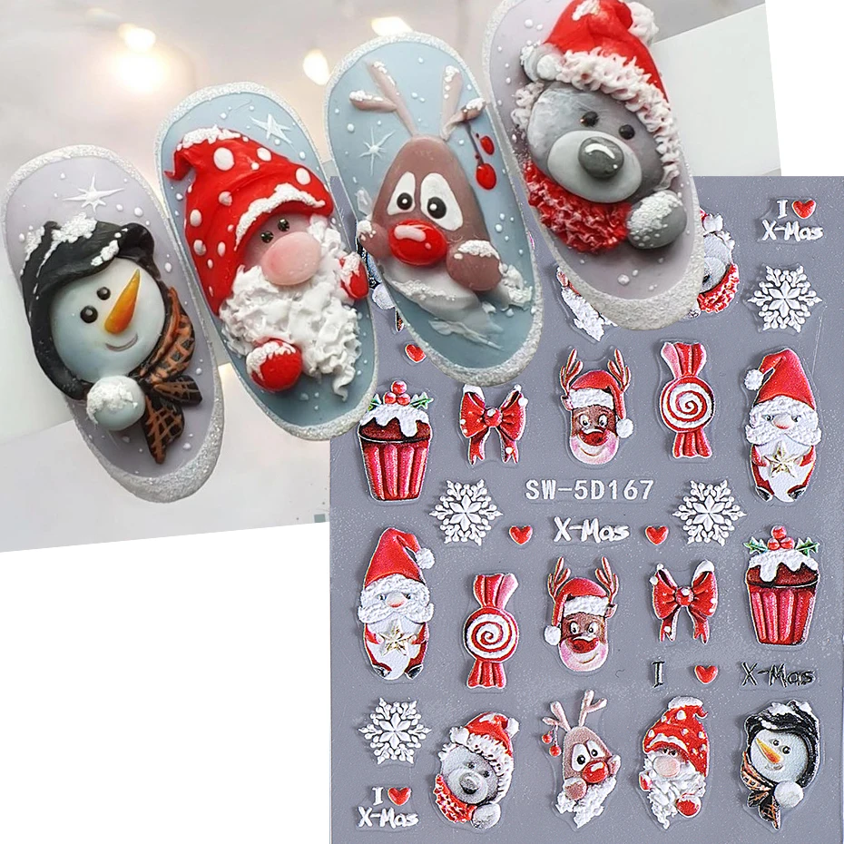 5D Embossed Christmas Nail Art Stickers Santa Claus Xmas Tree Self-Adhesive Sliders Winter Snowflakes Decals Manicure Decoration