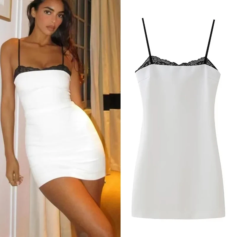 TRAF Lace White Slip Dress Woman Sleeveless Mini Bodycon Dress Women Backless Night Party Dresses 2024 Sexy Short Dresses Daring