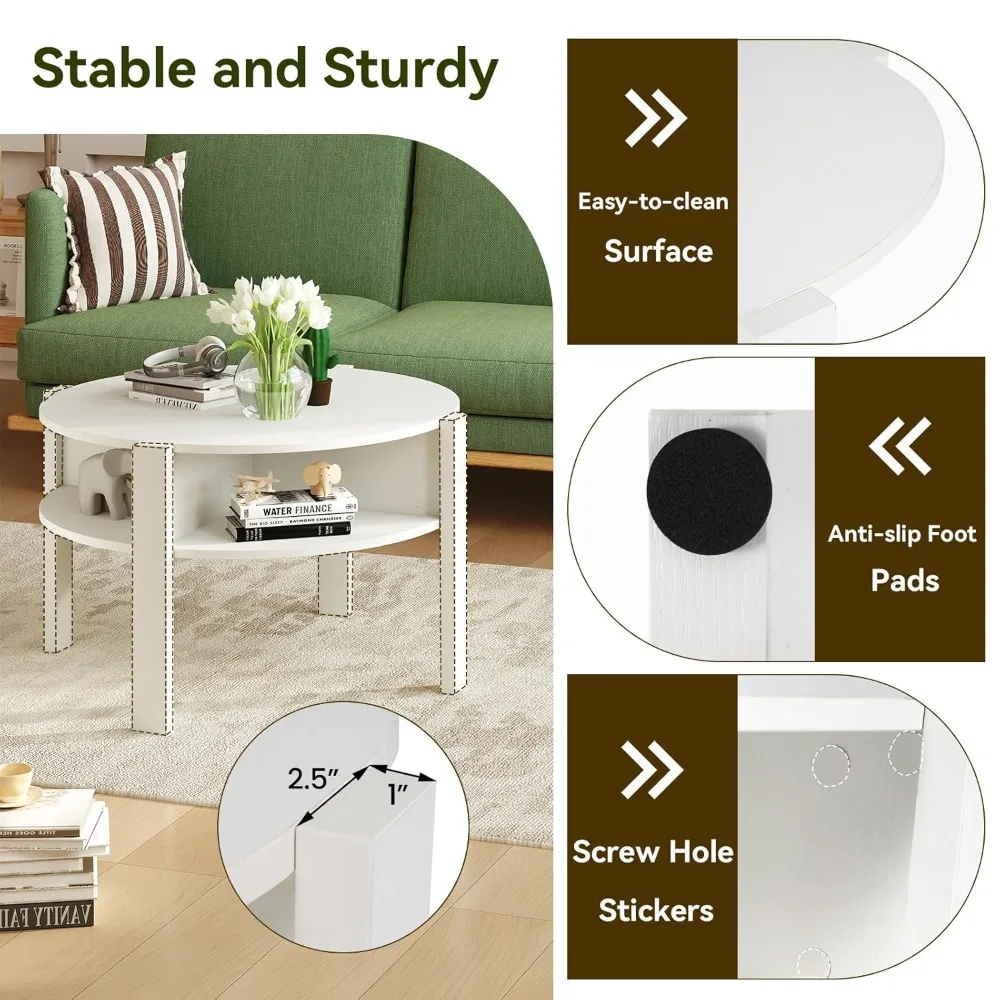 Round Coffee Table, 2-Tier Mid Century Modern Tea Cocktail Table with Storage Shelves & 4 Side Compartments, Customized
