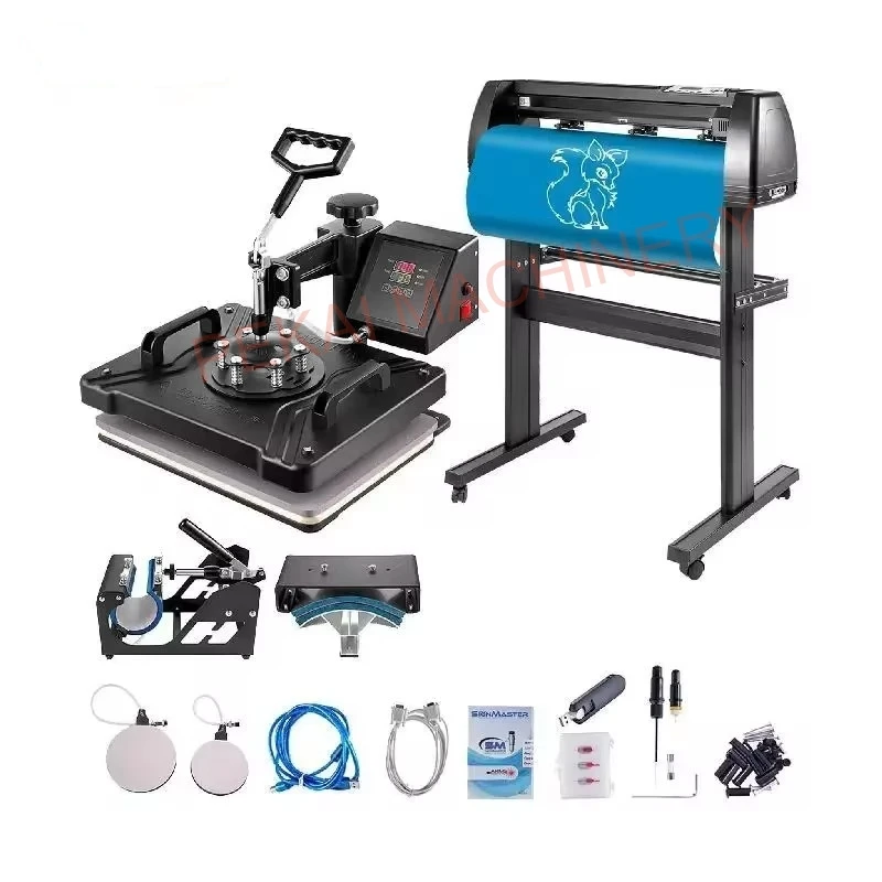 

5 In 1 Heat Press 12"x15" 360°Swing Away And Vinyl Cutter Plotter 28inch 720mm Digital Control Desktop Art DIY Combo Set
