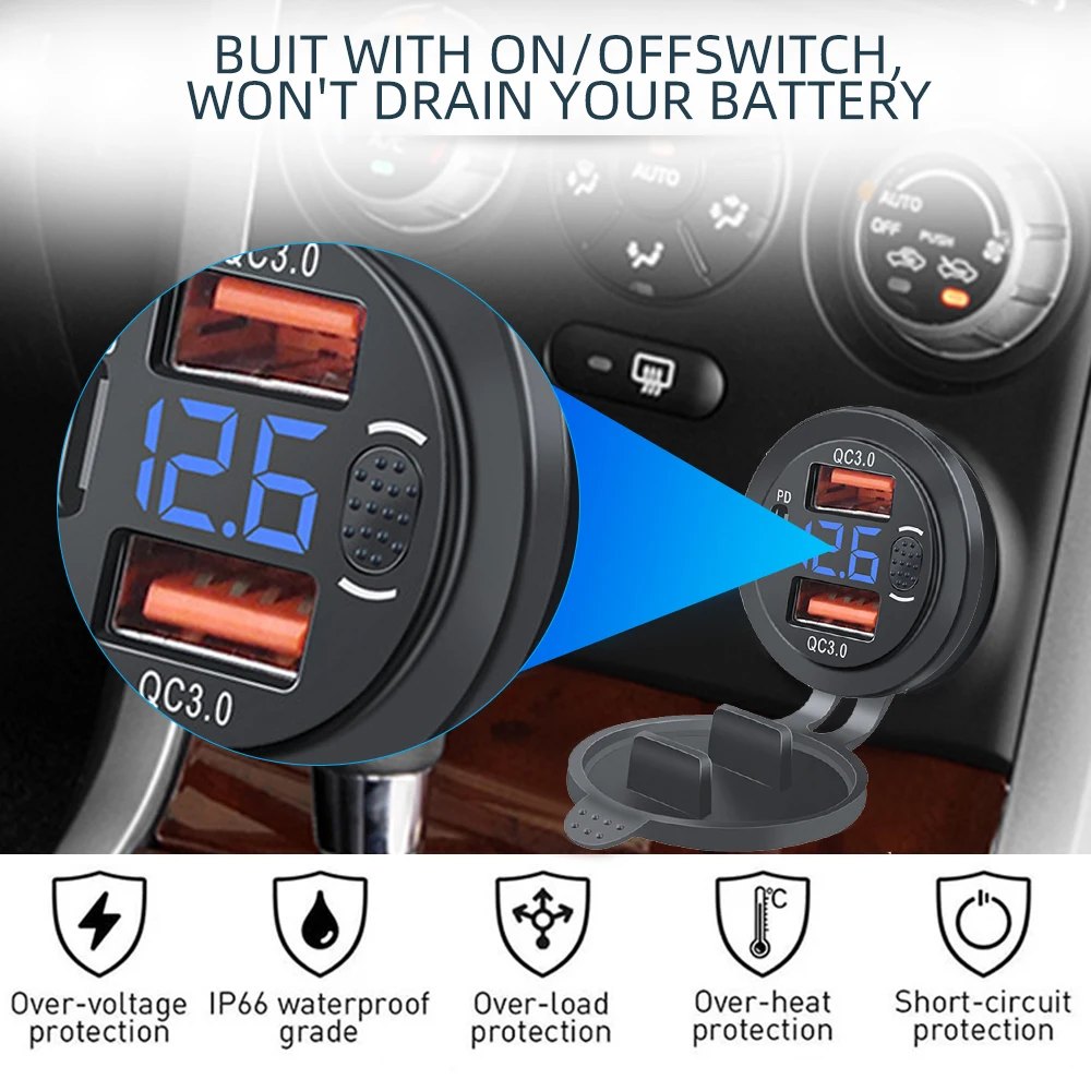 Car Onboard Charger Dual USB Fast Charging 3.0 Port and PD Socket with Digital Voltmeter Push Button Switch Car Boat Truck RV