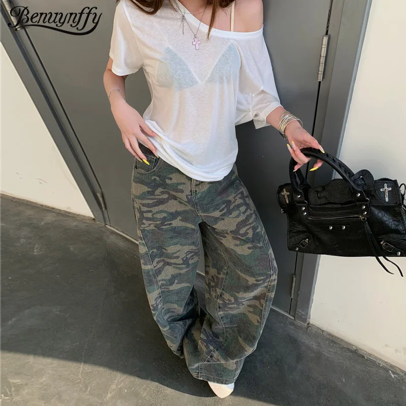 

Benuynffy American Retro Camouflage Print Casual Baggy Pants Women's Y2k Fashion Street Loose Denim Wide Leg Trousers 2025 New