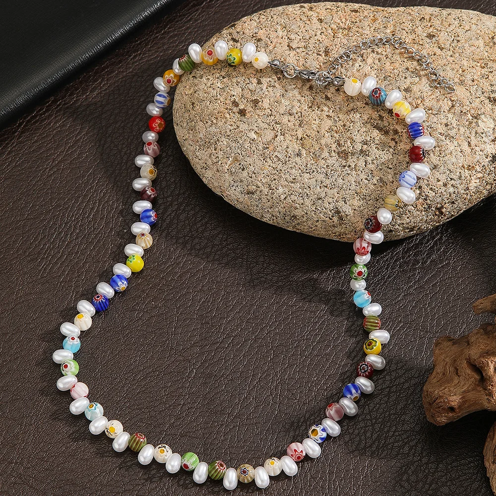 Exquisite jewelry colorful glass beads imitation pearl necklace men's versatile bohemian beaded asymmetrical niche design