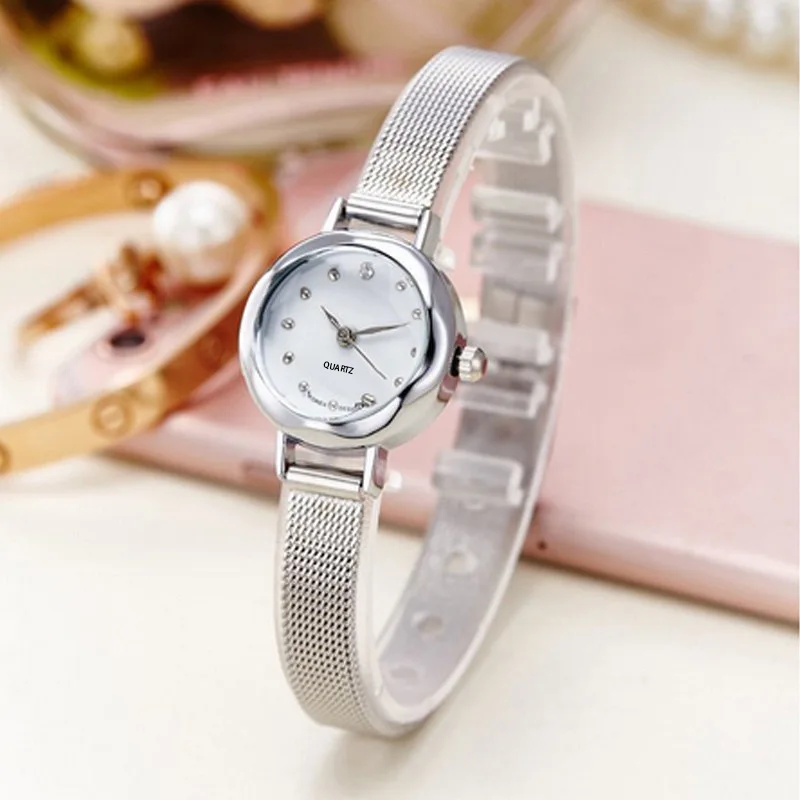 Minimalist Korean Style Elegant Women's Quartz Watch Diamond Studded Small Dial Mesh Strap Wristwatch for Ladies Students Girls