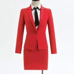 Formal Ladies Red Blazer Women Business Suits with  Sets Work Wear Office Uniform Dark Blue 2-piece Large Size Skirt Jacket Set