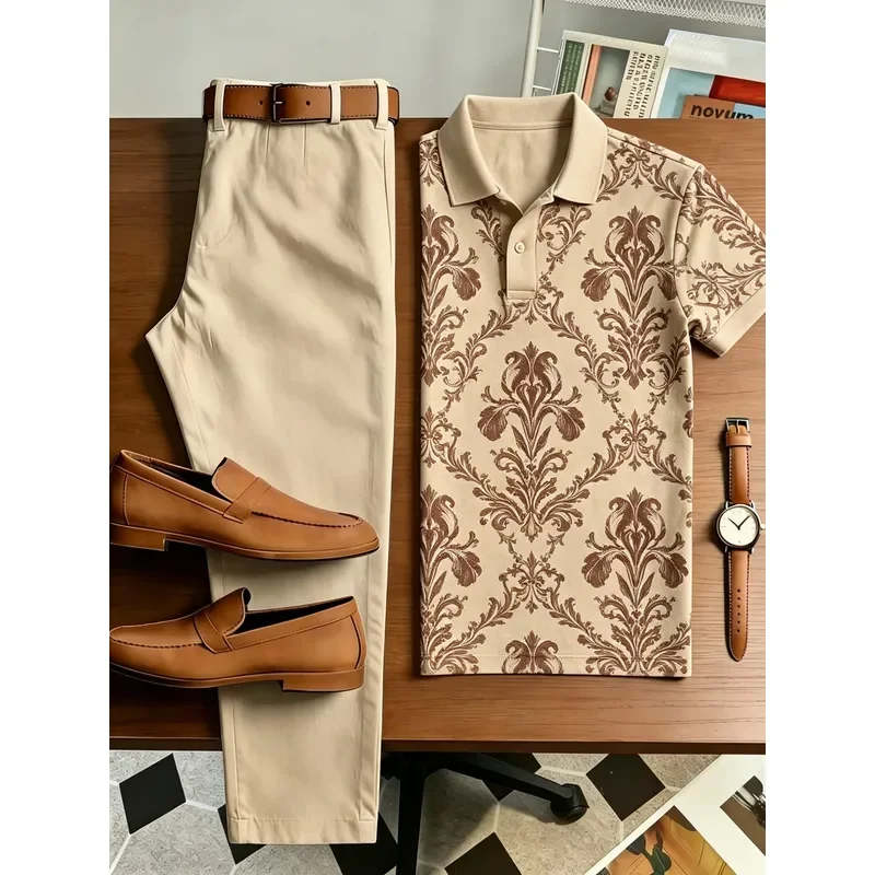 1 top (without pants) Men's printed short-sleeved Polo shirt with lapel and button-down front, crafted from comfortable