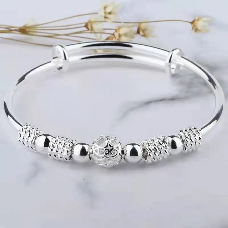 New Korean Fashion Silver Color Lucky Beads Bangles for Women Bracelets Luxury Designer Party Wedding Jewelry Gifts