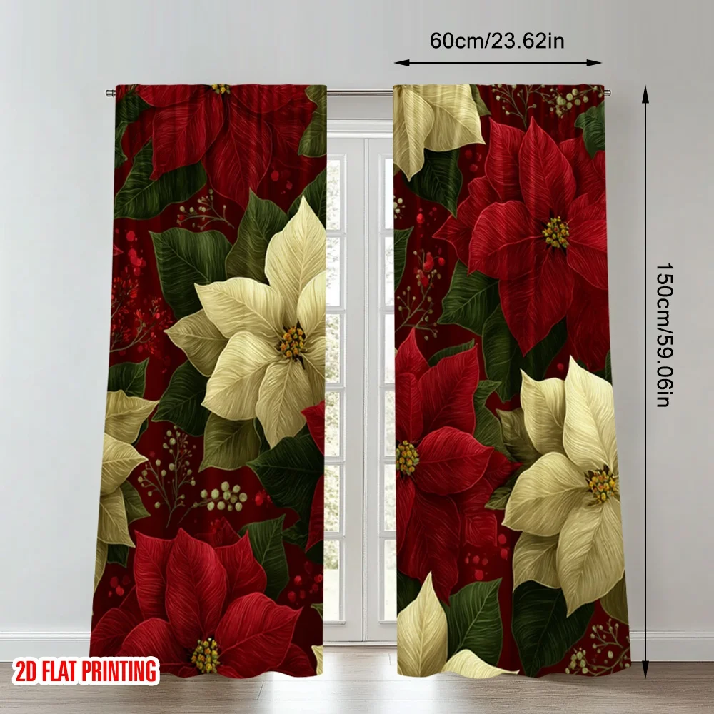 2 قطعة 2D الطباعة المسطحة عيد الميلاد سعيد المشهد الستائر عيد الميلاد البونسيتة زهرة الرقمية المطبوعة البوليستر الستائر احتفالية #2
