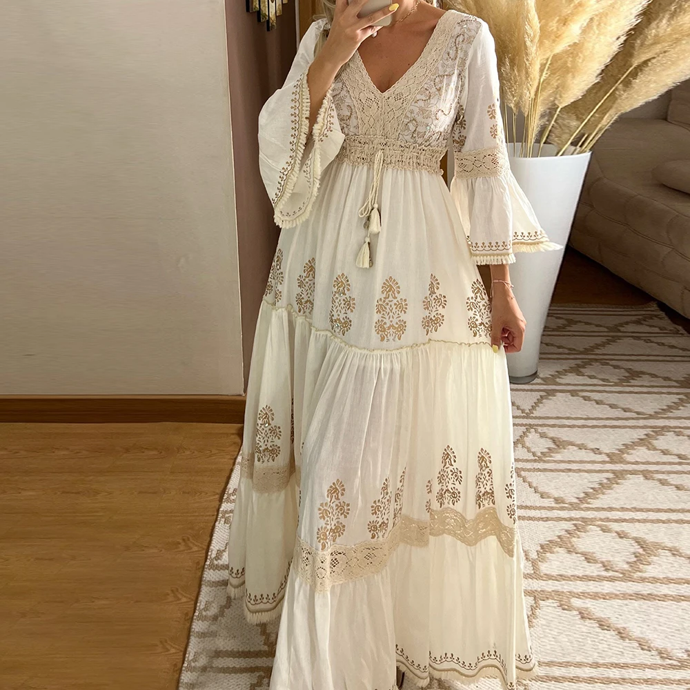 Vestido Retro elegante para mujer, estampado Floral de encaje con cuello en V, cintura alta, manga acampanada, Vestidos largos para vacaciones para mujer, Vestidos Vintage dulces
