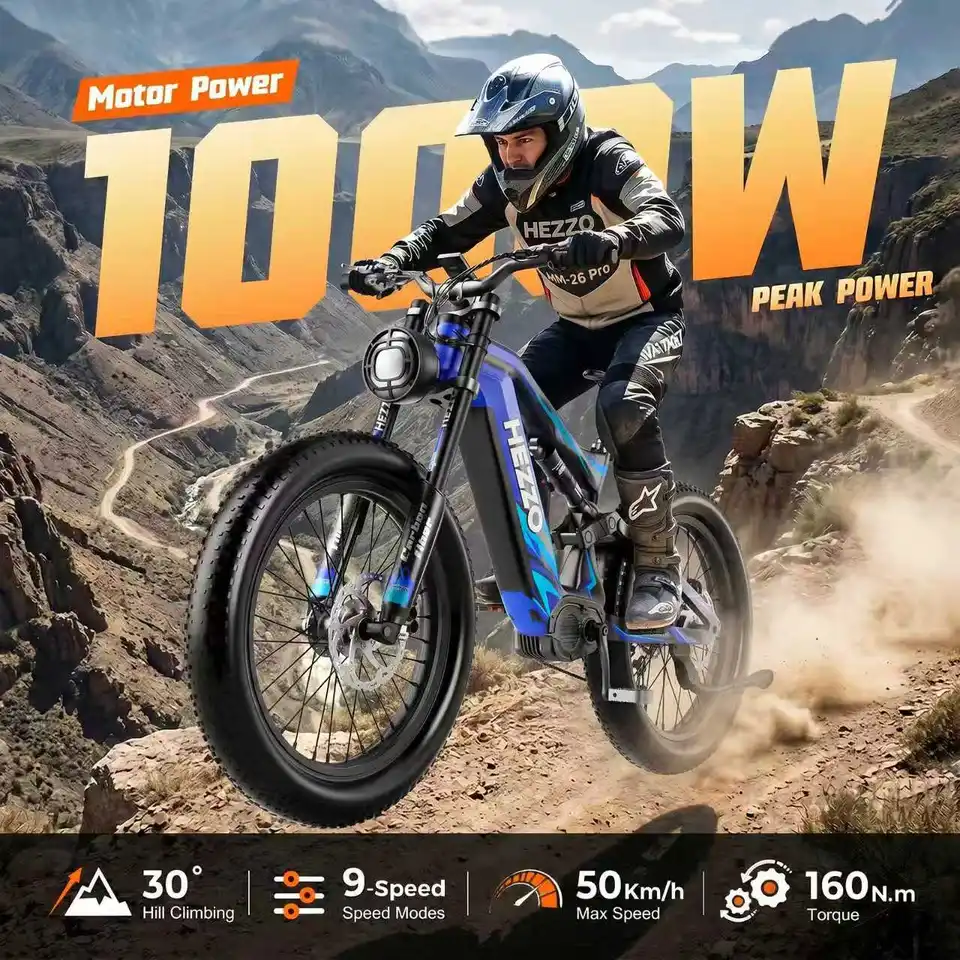 HEZZO K9 Carbon Fiber Adult Off‑Road E‑Bike,52V 1000W Bafang Mid‑Drive Motor,160Nm,26Inch Fat Tire,9 Speed Gear,Hydraulic Suspension & Disc Brake,21Ah Battery Hybrid Dirt Bicycle image 4