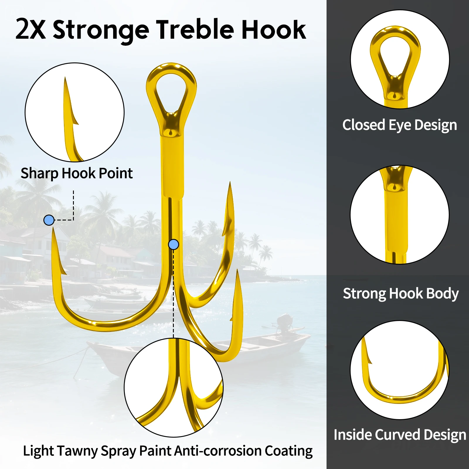 9KM 25PCS Gold Treble Hook 2X Strong Fishing Triple Hook Round Bend Hard Lure Replacement Hook Saltwater Freshwater Fishing