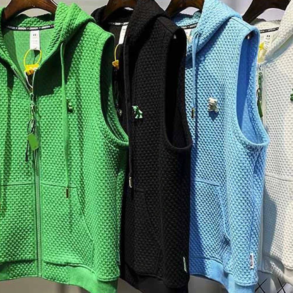 Fashion Vest Men's Personality Jacquard Bear Trend Street Zipper Cardigan Casual Simple Loose Hooded Vest Sleeveless Jacket