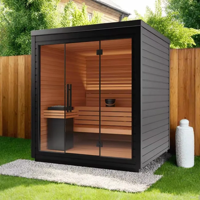 

Customized Outdoor 2-4 Person Black Cedar Wood Steam Sauna Room with Stove and Natural Stone