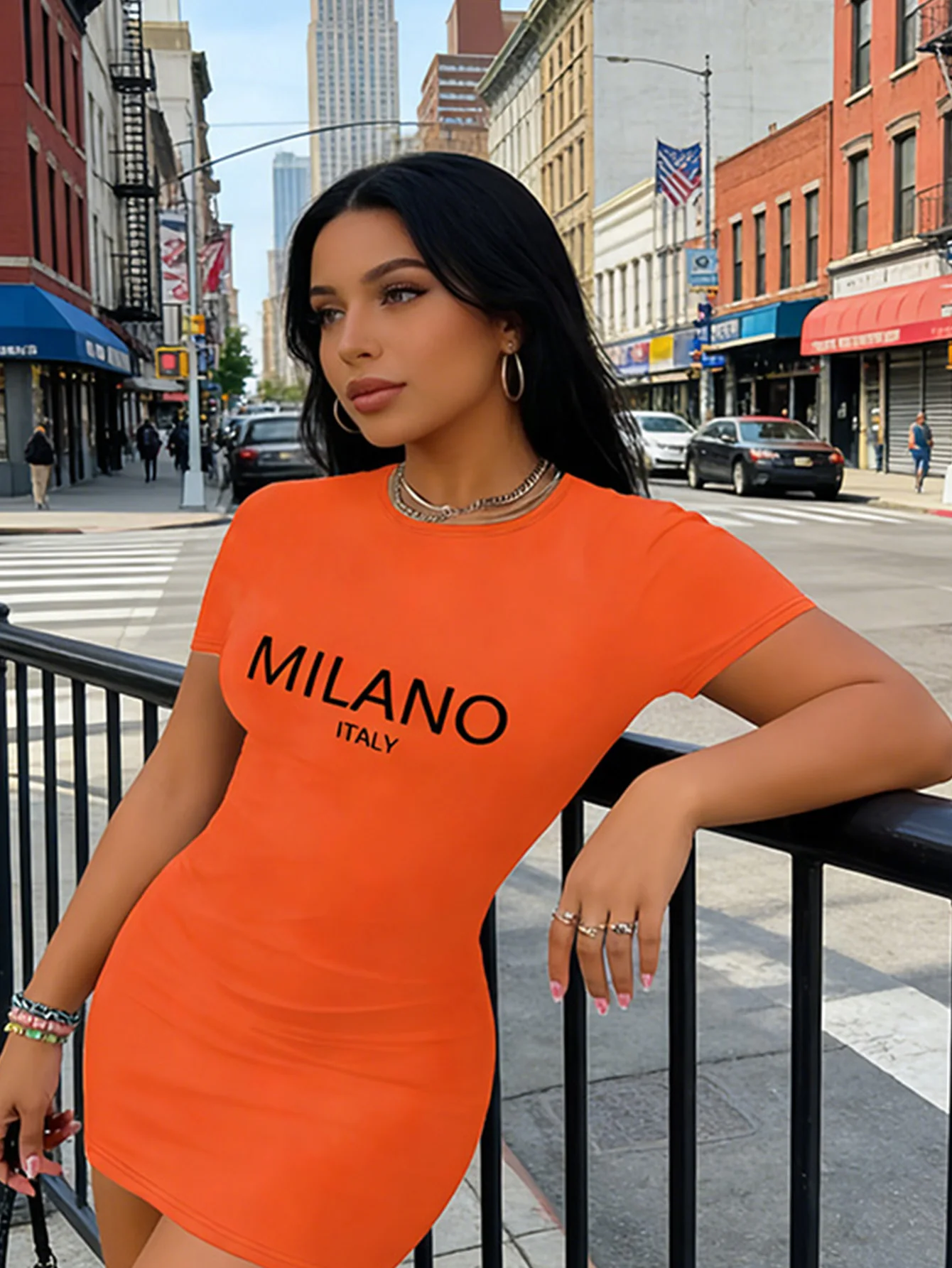 Camiseta falda informal de talla grande para mujer con estampado de moda 'MILANO ITALY' - informal, de manga corta, cuello redondo, lavable a máquina