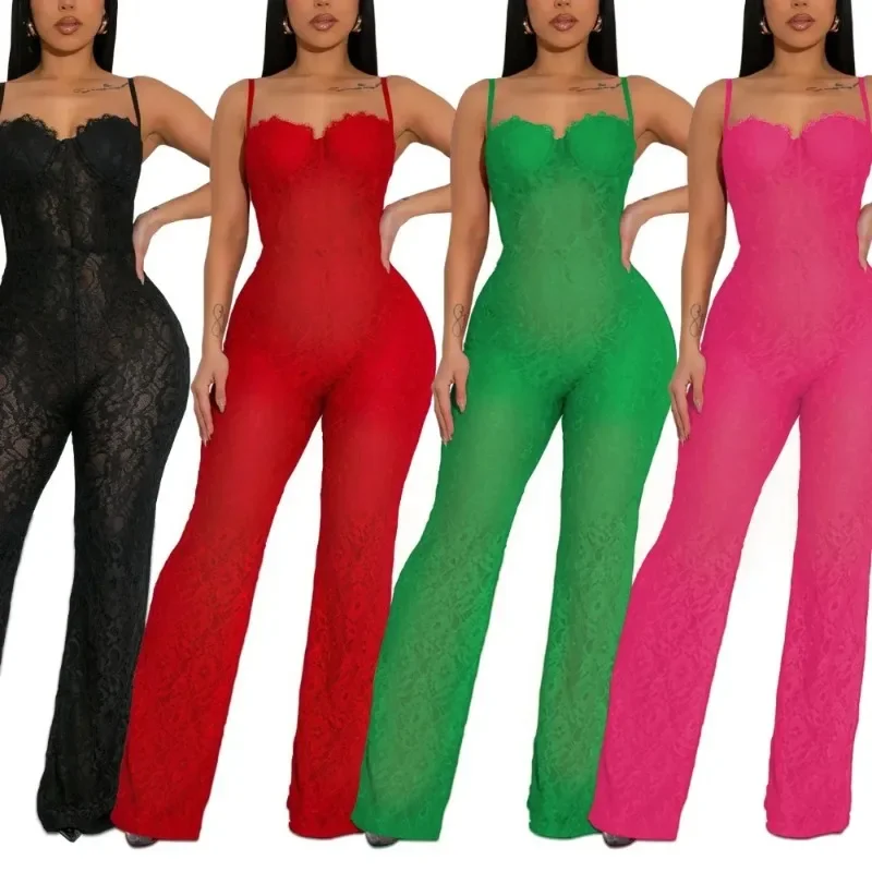Sexy Lace Bodycon Jumpsuit Women Spaghetti Strap See Through One Pieces Playsuits Romper Female Night Club Overalls New