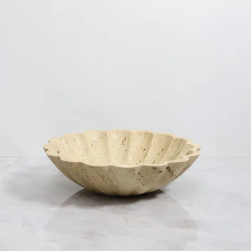 Natural beige cave stone marble fan-shaped bowl hand carved modern durable decorative ornament