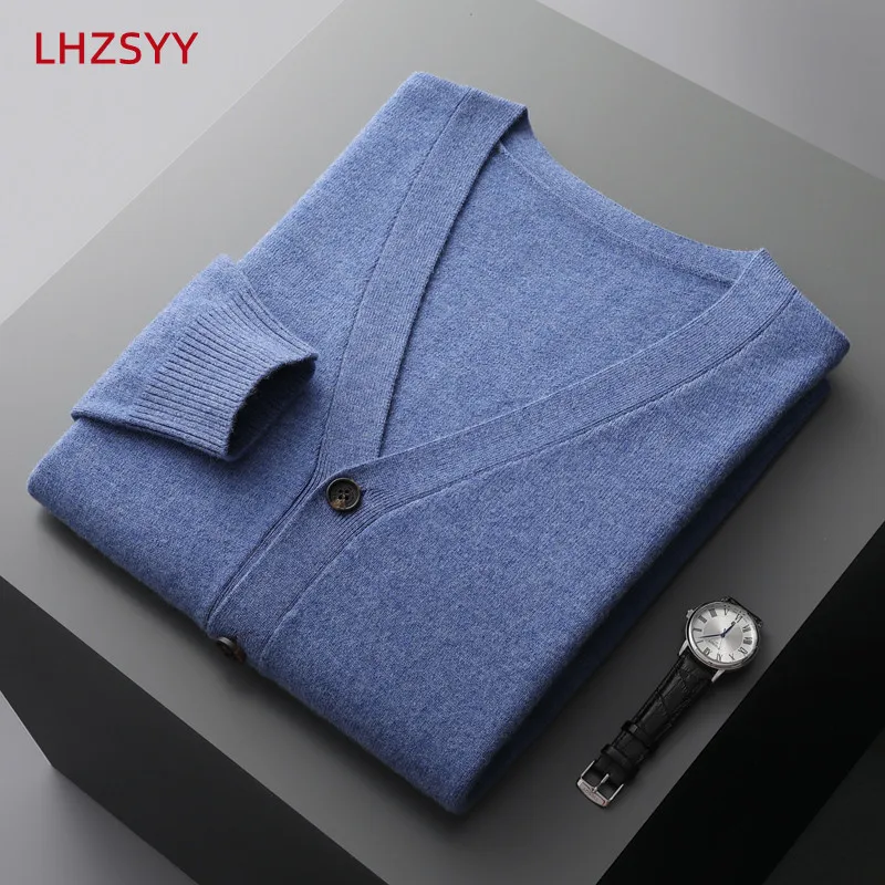 LHZSYY-cárdigan 100% de lana pura para hombre, suéter de cachemira, chaqueta de punto de manga larga, Color sólido, Top de alta calidad, Otoño e