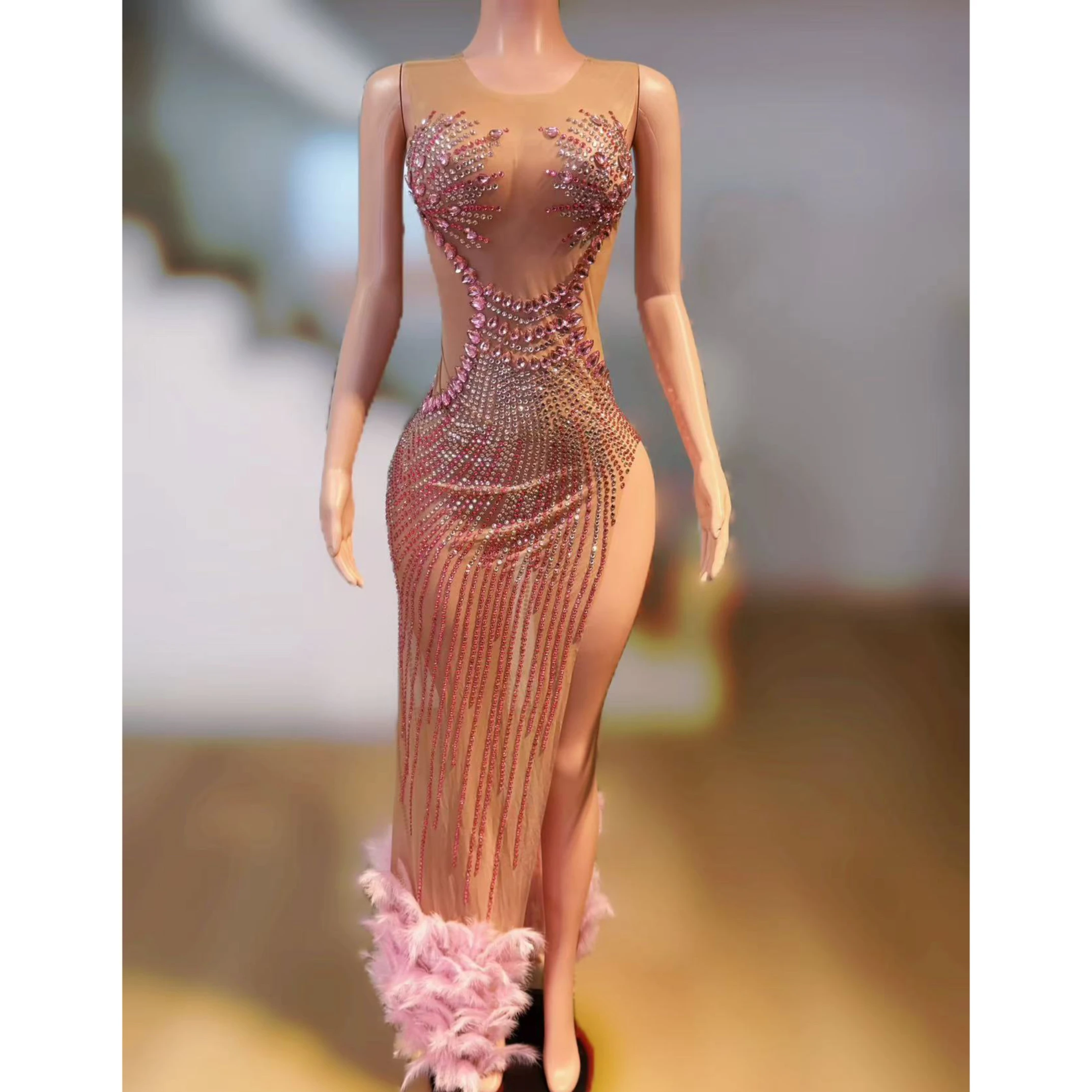 

Pink Feather Rhinestones Mesh See Through High Fork Dress Women Stage Catwalk Outfit Wedding Gown Celebrate Evening Dresses