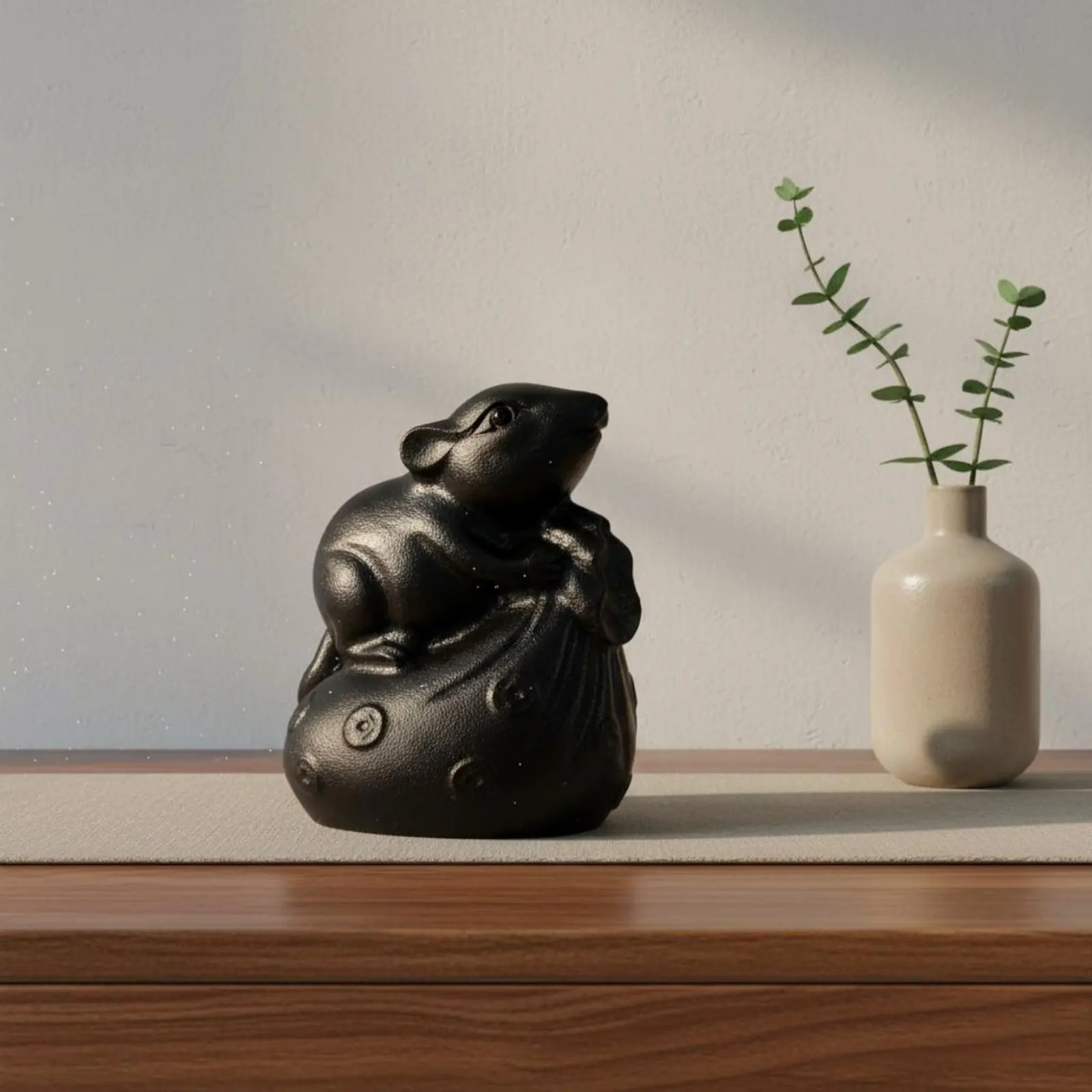 Rodent Wealth Bag Figurine Hand Carved Black Black Volcanic Glass Rodent Statue Chinese Astrological Mouse Figurine Elegant