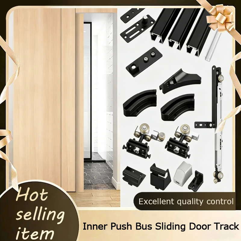 Complete Invisible Sliding Door Hardware With Silent Dual Buffer Flat Hanging Rail Pulley System For Bedroom Closet Doors