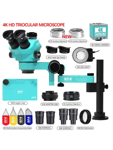 RF4 삼안 입체현미경 세트 360 ° 회전 관절형 암 스탠드 전화 납땜 PCB 수리 RF7050TVPRO-F019