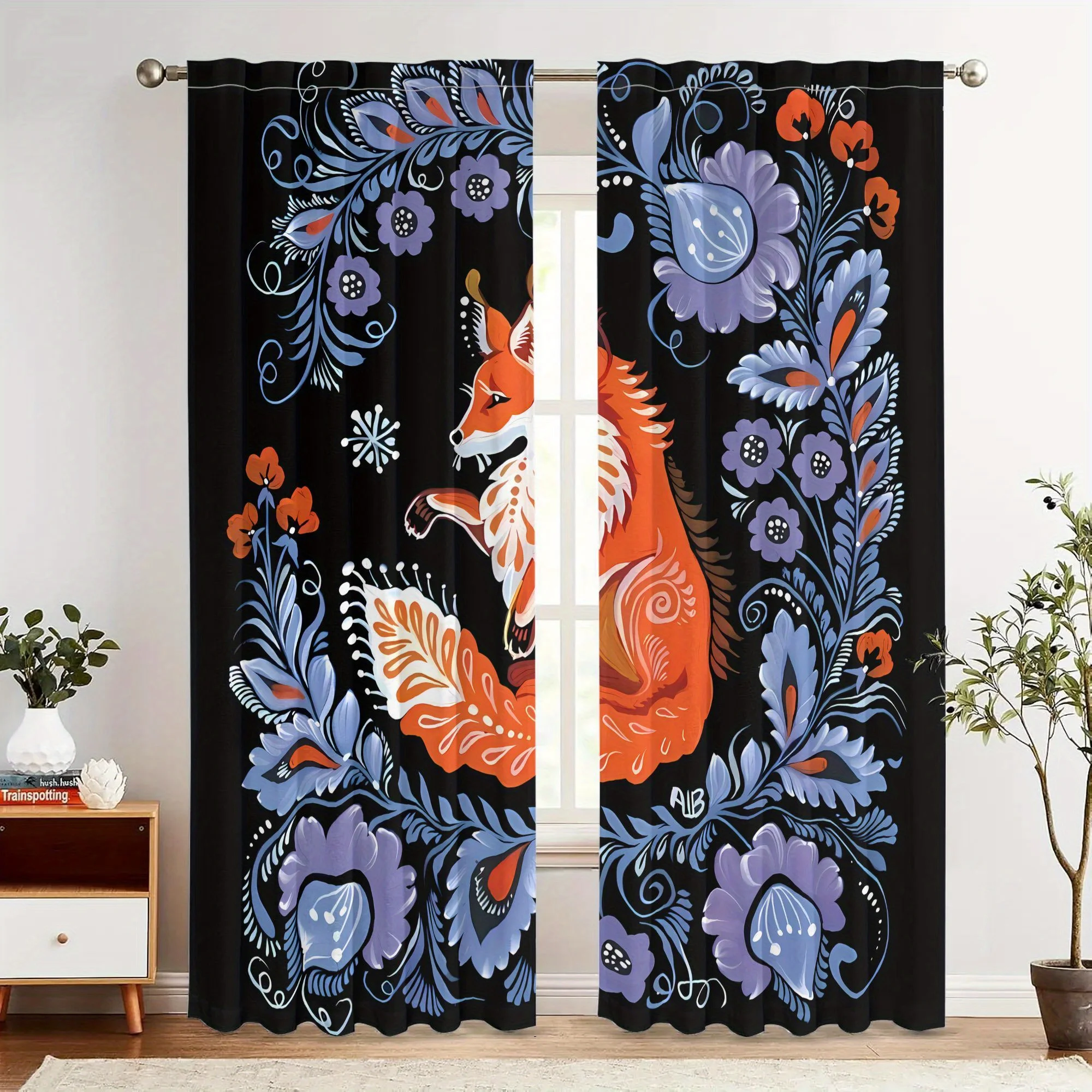 Vintage Folk Art Fox Curtain - Light Blocking Window Drapes with Floral & Fox Motif in Orange/Blue/Purple/Black, Machine Washabl