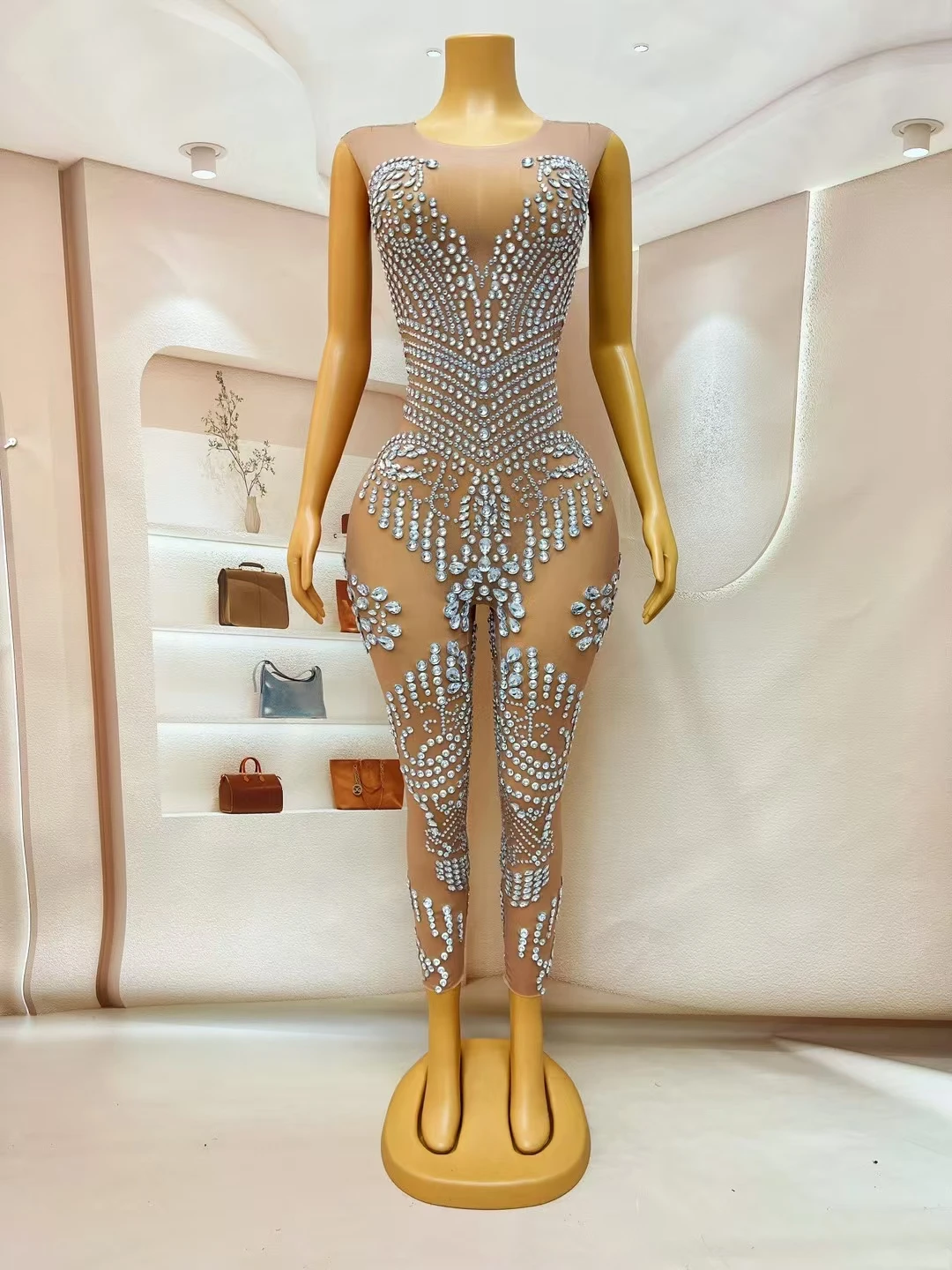 High-quality Mesh Sleeveless Sparkly Crystals Jumpsuit Birthday Party Outfit Sexy Women Dance Tight Fitting Jumpsuit Shuijingku